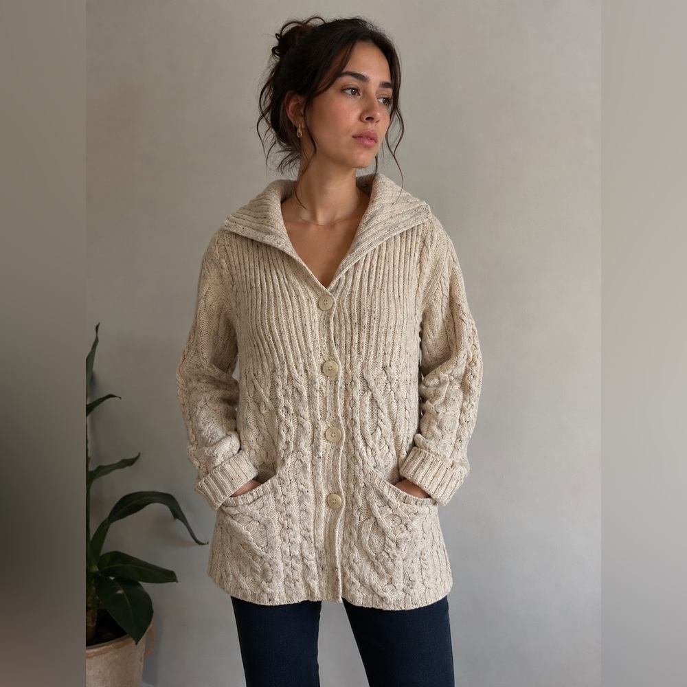 Aran Crafts Ireland 100% Merino Wool Cable Knit Long Cardigan Sweater - S